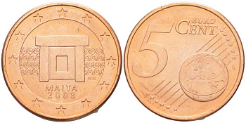 Мальта 5 евроцентов 2008 KM 127 сталь плакированная медью UNC 75-1128