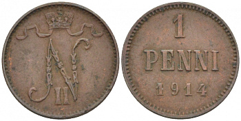 Россия для Финляндии 1 пенни 1914 Николай II (1894-1917) KM 13, Биткин 474 медь 4396-1426
