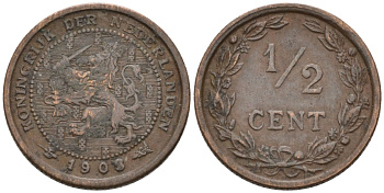 Нидерланды 1/2 цента 1903 Вильгельмина (1890-1948) KM 133 бронза 4576-322