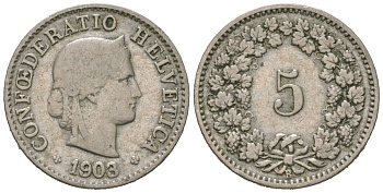Швейцария 5 раппенов 1903 B KM 26 медно-никель 39-146