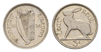 Ирландия 3 пенса 1934 заяц KM 4 никель 4655-447