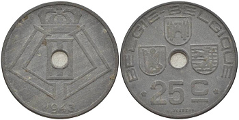 БЕЛЬГИЯ 25 САНТИМОВ 1943 BELGIE-BELGIQUE, ГЕРМАНСКАЯ ОККУПАЦИЯ, ВТОРАЯ МИРОВАЯ ВОЙНА KM 132 цинк 4544-1226
