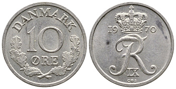 ДАНИЯ 10 ЭРЕ 1970 C; S, ФРЕДЕРИК IX (1947-1972) KM 849.1 медно-никель 26-927