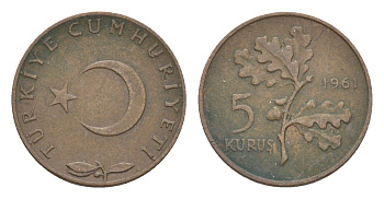 Турция 5 курушей 1961 KM 890.1 бронза 4647-521