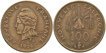 Французская Новая Каледония 100 франков 1976 хижина среди сосен и пальм, (IEOM) KM 15, Schoen 16, Lec 130 никель бронза 88-236