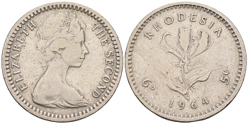 Британская Родезия 6 пенсов (5 центов) 1964 Елизавета II (1952-2022), цветок глориоза KM 1 медно-никель 00-00