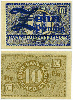 ФРГ 10 ПФЕННИГОВ 1948 BANK DEUTSCHER LANDER Pick 12a, Rosenberg 251а бумага аUNC 8613-11-3-2