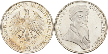 ФРГ 5 марок 1968 G, 500 лет со дня смерти Иоганна Гутенберга KM 122, J.397 серебро 88-215