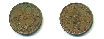 ПОРТУГАЛИЯ 50 СЕНТАВО 1974 KM 596 бронза 80-412