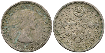 Великобритания 6 пенсов 1960 Елизавета II (1952-2022) KM 903, Spink 4149 медно-никель 75-1538