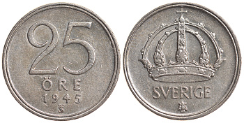 Швеция 25 эре 1945 TS, Густав V (1907-1950) KM 816 серебро 4179-862