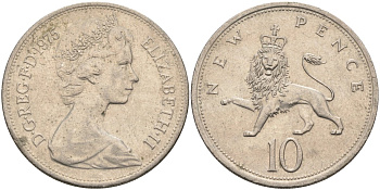 Великобритания 10 пенсов 1975 Елизавета II (1952-2022) KM 912, Spink 4231 (F1) медно-никель 4587-926