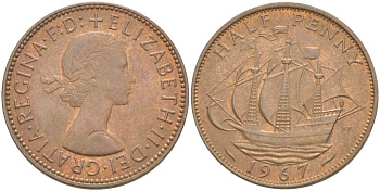 Великобритания 1/2 пенни 1967 Елизавета II (1952-2022) KM 896, Spink 4158 бронза 4544-157