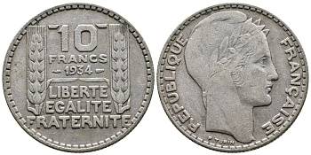 Франция 10 франков 1931 Пьер Тюрен KM 878, Le Franc 360.4 серебро 79-1415