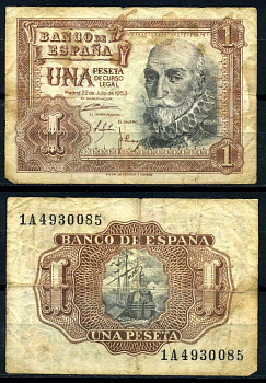 Испания 1 песета 1953 22 июля 1953, Мигель де Санта Круз Pick 144а бумага 7207-39-1-2