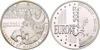 Бельгия 500 франков 1999 Альберт и Изабелла, миллениум KM 212 серебро PROOF 1088-10-33