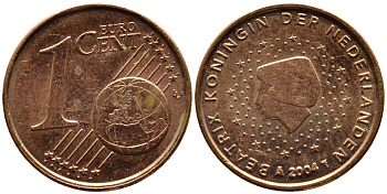 НИДЕРЛАНДЫ 1 ЕВРОЦЕНТ 2004 KM 234 сталь плакированная медью UNC 3334-1226