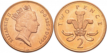 Великобритания 2 пенса 1997 Елизавета II (1952-2022) KM 936а, Spink 4386 (C4) сталь плакированная медью UNC 175-1022