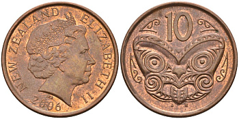 Новая Зеландия 10 центов 2006 Елизавета II (1952-2022), маска маори KM 117а сталь плакированная медью 106-1131