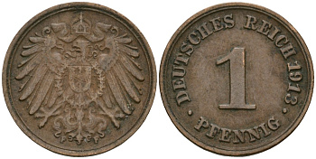 Германия 1 пфенниг 1914 F, Вильгельм II (1888-1918) KM 10, J. 10 медь 4608-217