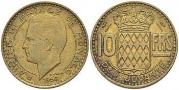 Монако 10 франков 1950 Ренье III (1949-2005) KM 130 алюминиевая бронза 3309-968