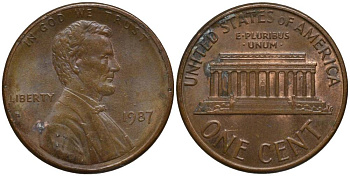 США 1 цент 1987 Линкольн KM 201b цинк плакированный медью 4547-855