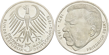 ФРГ 5 марок 1975 J, 50 лет со дня смерти Фридриха Эберта J. 416, KM 141 серебро  UNC  4117-241