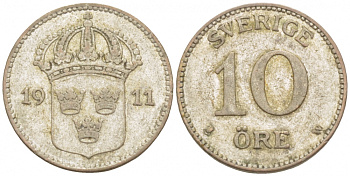 Швеция 10 эре 1911 W, Густав V (1907-1950) KM 780 серебро 3309-836