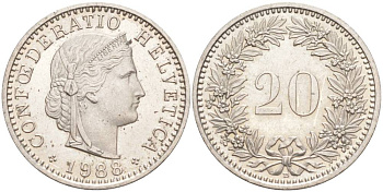 ШВЕЙЦАРИЯ 20 РАППЕНОВ 1988 В KM 29a медно-никель 55-1031