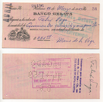 Куба чек именной № 34 1959 БАНК GELATS, НА ИМЯ ФЕЛИКС  ВЕГА, НА СУММУ 551 ПЕСО 8 сентаво, С ОТМЕТКОЙ ОТ ГАШЕНИИ БАНКА VOVA SCOTIA ОТДЕЛЕНИЕ В ГАВАНЕ, ПЕРФОРАЦИЯ, 14.1.1959   бумага  аUNC  504-50-3-1