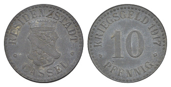 Кассель 10 пфеннигов 1917 Funck 78.3, Men05 4302.3, Men18 5464.3 цинк 4636-721