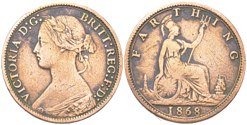 Великобритания 1 фартинг 1868 Виктория (1837-1901) KM 747.2, Spink 3958 бронза 4613-424