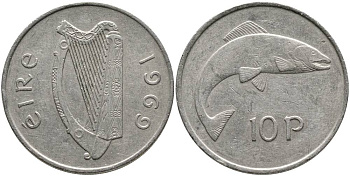 ИРЛАНДИЯ 10 ПЕНСОВ 1969 ЛОСОСЬ KM 23 медно-никель 4531-731