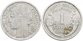 ФРАНЦИЯ 1 ФРАНК 1959 ТИП MORLON, LEGERE KM 885a.1, LE FRANC 221.23 алюминий 4402-1113