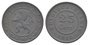 Бельгия 25 сантимов 1915 германская оккупация Первая мировая война, Альберт I (1909-1934) KM 82 цинк 4156-616