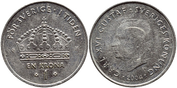 Швеция 1 крона 2004 Карл XVI Густав (1973- ) KM 894 медно-никель 177-223