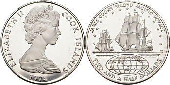 Острова Кука 2 1/2 доллара 1974 Джеймс Кук, второе путешествие, парусники KM 9 серебро PROOF 1098-4-64