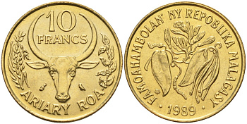 Мадагаскар 10 франков 1989 KM 11 алюминиевая бронза 4141-625