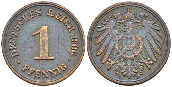 ГЕРМАНИЯ 1 ПФЕННИГ 1906 D KM 10, Jager. 10, Weege 2 медь 4528-1236