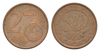 Германия 2 евроцента 2002 J KM 208 сталь плакированная медью 4630-447