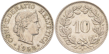Швейцария 10 раппенов 1958 B KM 27 медно-никель     4547-1147