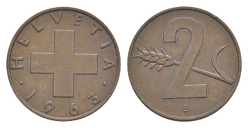 Швейцария 2 раппена 1963 B KM 47 бронза 4630-759