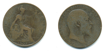 Великобритания 1 пенни 1907 Эдуард VII (1901-1910) KM 794.2, Spink 3990 бронза 540-625