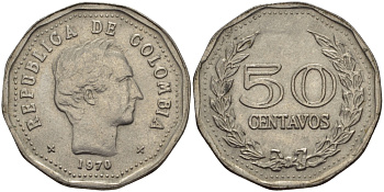 Колумбия 50 сентаво 1970 Симон Боливар KM 244.1 сталь плакированная никелем 31-543