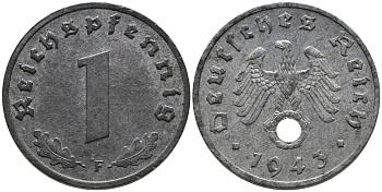 ГЕРМАНИЯ 1 РЕЙХСПФЕННИГ 1943 F KM 97, J.369 цинк 96-813