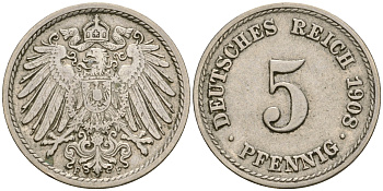 Германия 5 пфеннигов 1908 F KM 11, Jager 12, Weege 6 медно-никель 4364-4526