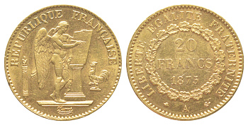 Франция 20 франков 1875 A KM 825 золото 00-805-24