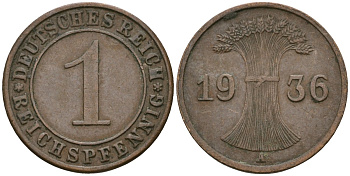 Германия 1 рейхспфенниг 1936 A KM 37, J. 313 бронза 4528-1061