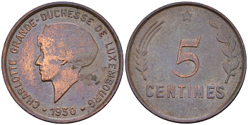 Люксембург 5 сантимов 1930 Шарлотта KM 40 бронза 4594-339