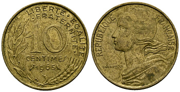 Франция 10 сантимов 1965 тип Marianne KM 929 алюминиевая бронза 4136-411